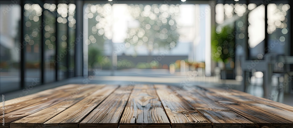 Poster empty wooden tabletop and blurred glass wall building banner mockup abstract background suitable for