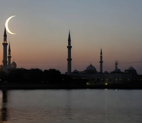 Obraz premium モスクと三日月の夕暮れのシルエット