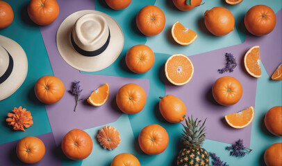 Oranges and a pineapple lay on a purple and blue background
