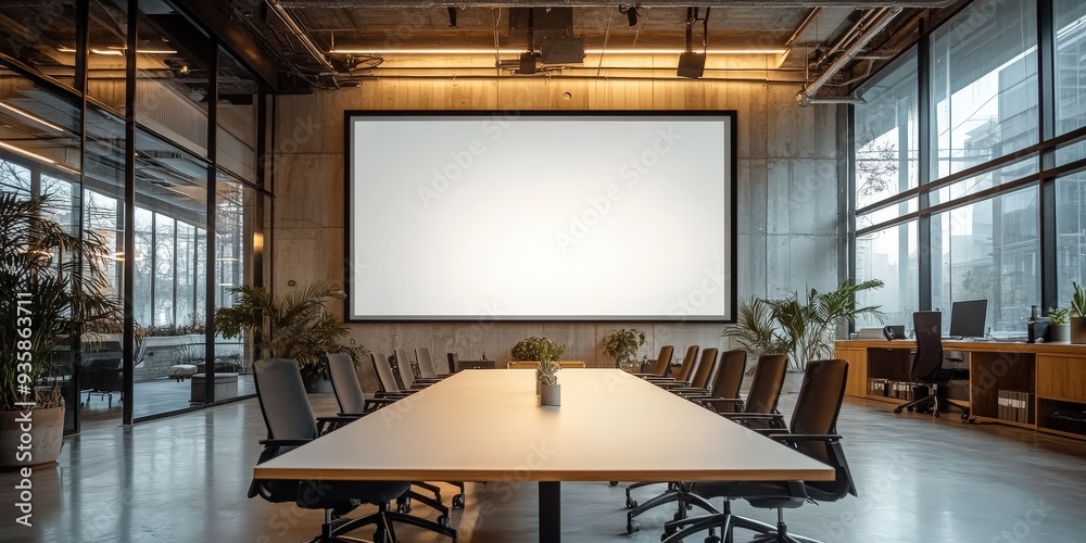 Canvas Prints modern meeting room with large screen & wooden table