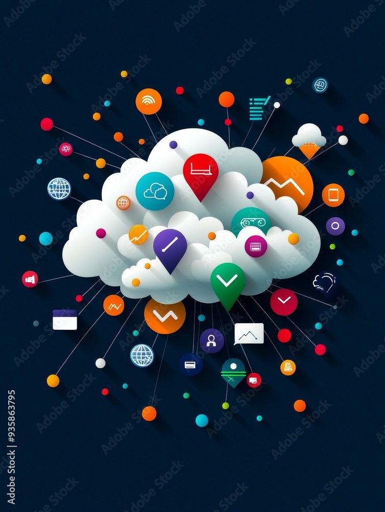 Poster cloud computing network - connected technology and data - a cloud computing concept symbolizing conn