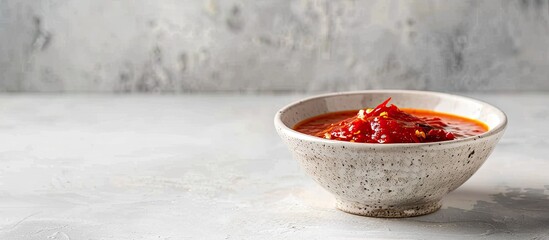Traditional chili sauce in a ceramic dish against a light background Selective focus Copy space