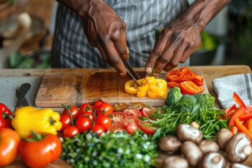 A person slicing yellow bell pepper. This photo illustrates the process of preparing fresh vegetables for a healthy meal.