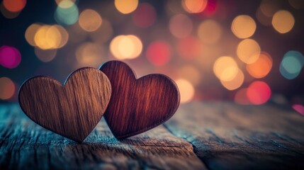 Two Wooden Hearts On Rustic Table With Colorful Heart Shaped Bokeh - Valentine's Day Concept with generative ai
