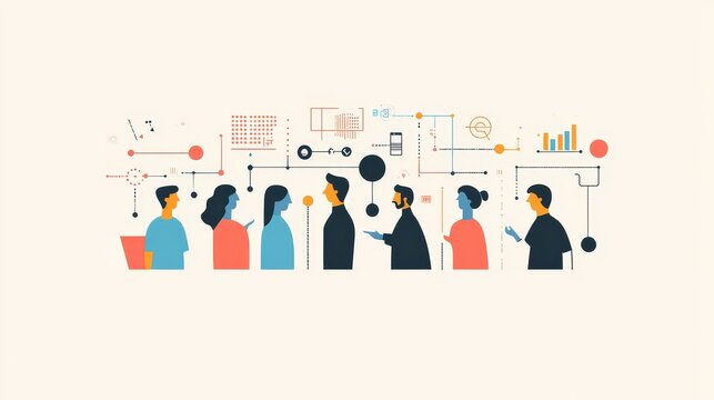 Collaborative Teamwork and Data-Driven Decision Making - A group of diverse individuals are connected by lines and data points, symbolizing collaboration, communication, data analysis, and strategic d