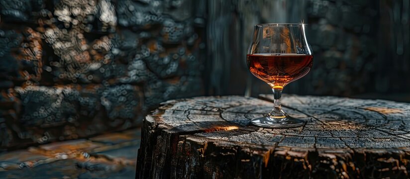 Brandy snifter on an aged wooden stump Dark background with copyspace Selective focus