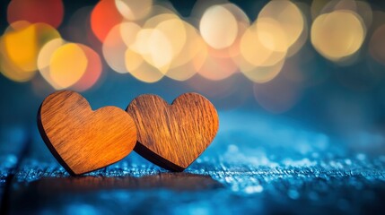 Fototapeta premium Two Wooden Hearts On Rustic Table With Colorful Heart Shaped Bokeh - Valentine's Day Concept with generative ai