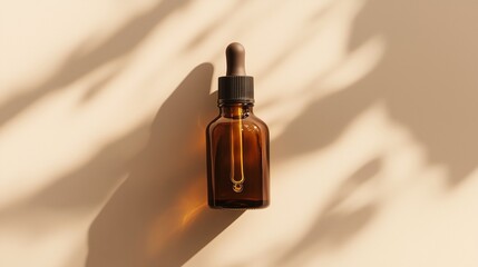 Naklejka premium A brown glass bottle with an amber dropper for skin care on beige background.