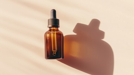 Naklejka premium A brown glass bottle with an amber dropper for skin care on beige background.
