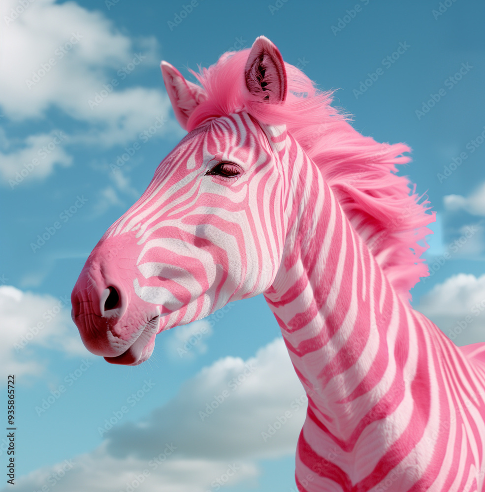 Wall mural a pink zebra with uniquely patterned stripes, posing under a serene sky with soft clouds. a whimsica
