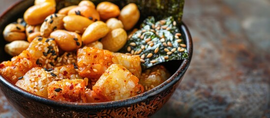 Close up of senbei a traditional Japanese snack in a bowl Rice crackers with nori peanuts with sesame seeds and assorted snacks A mix of traditional Japanese snack foods. Copy space image