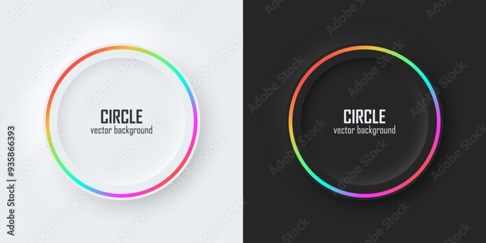 Leinwandbilder Set of realistic 3d circle. Rainbow illuminate neon lighting, Circles frames on a white and black background in neumorphism style. Elements for design. Top view of podium. EPS10 vector.