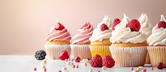 Beautiful and tasty cupcakes on the table A collection of delectable sweet treats topped with cream. Copy space image. Place for adding text and design