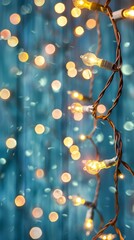 Warm golden fairy lights hanging on a rustic wooden wall creating a cozy atmosphere. Ideal for festive backgrounds and holiday greetings.