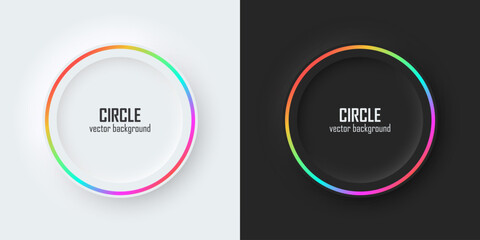 Set of realistic 3d circle. Rainbow illuminate neon lighting, Circles frames on a white and black background in neumorphism style. Elements for design. Top view of podium. EPS10 vector.