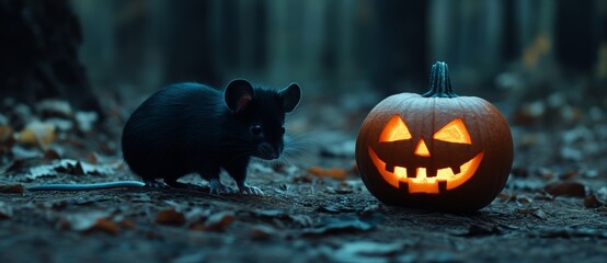 Floating Halloween pumpkins with glowing eyes and a zombie rat in an atmosphere