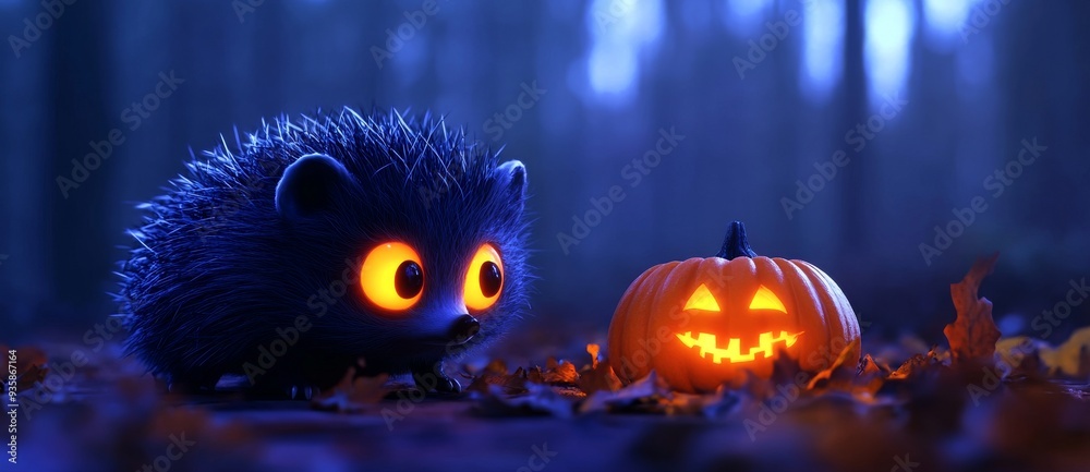 Wall mural an eerie zombie hedgehog with glowing eyes and a haunting halloween pumpkin in a dark environment