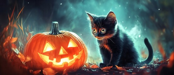 Fototapeta premium Haunting Halloween Pumpkins and Panther Cubs