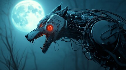 Cybernetic Wolf Howling at the Moon - A mechanical wolf with glowing red eyes howls at the full moon, surrounded by a dark, mysterious forest. The wolf's body is covered in wires and circuits, symboli