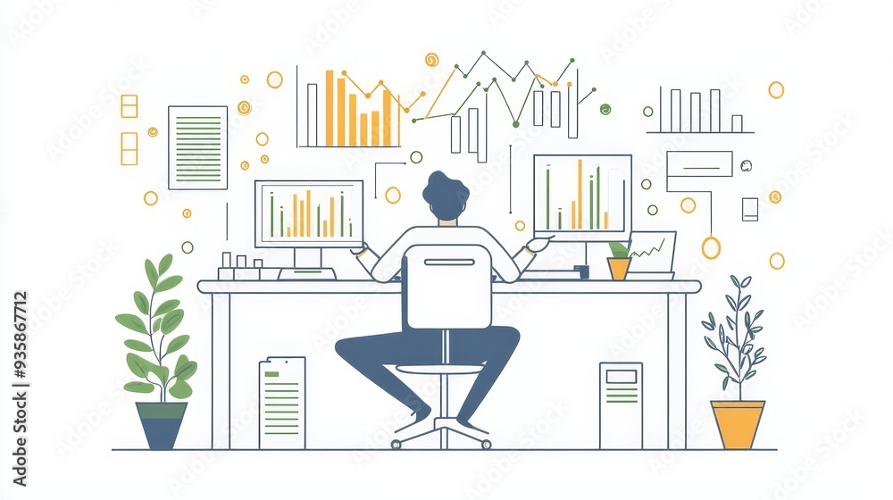 Poster data analyst working on charts and graphs at desk - a data analyst sits at a desk with multiple comp