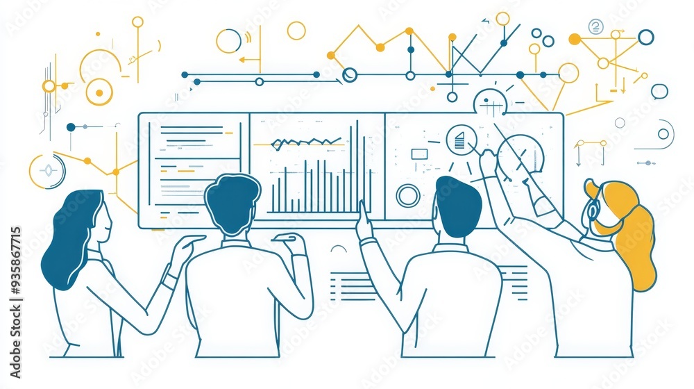Poster data analysis team collaboration: insights and strategy - a team of four individuals collaborating a