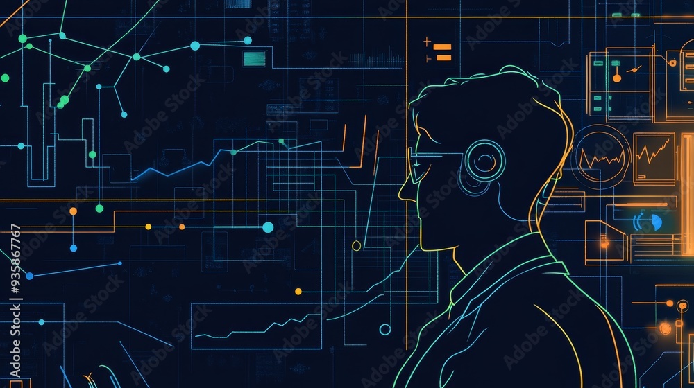 Poster data scientist analyzing complex networks - a data scientist immersed in a digital world, surrounded