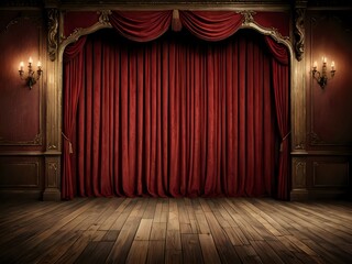 A stage with red velvet curtains and ornate gold trim.