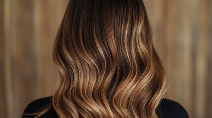 Naklejka premium Smooth, shiny hair flows in waves and highlights, showcased against a warm, textured wooden backdrop.