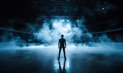 The backdrop of a sports arena is dominated by a moody atmospheric light and a solitary figure against the backdrop