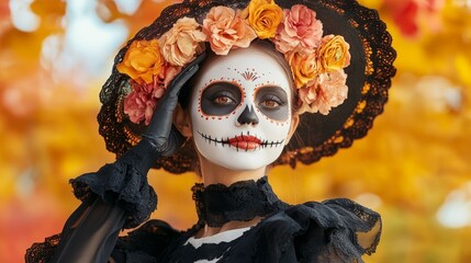 Day of the Dead Makeup and Costume Inspiration - A woman wearing traditional Day of the Dead makeup and a black lace dress and hat. The makeup is symbolic of life and death, remembrance, and celebrati
