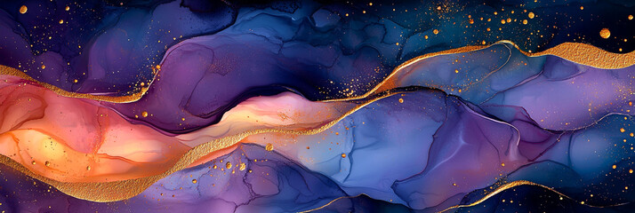 Abstract purple golden alcohol ink marble background.