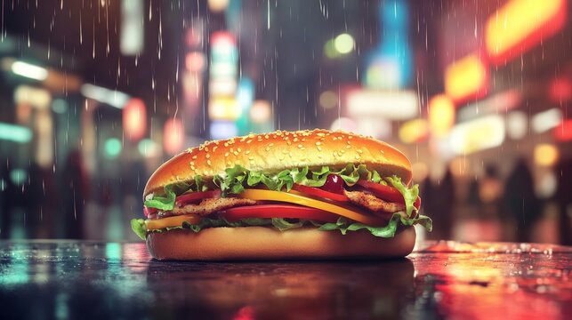 Delicious Burger in the Rain, Late Night Cravings - A juicy burger with lettuce, tomato, and cheese, sits on a wet surface in the rain, surrounded by glowing city lights. It symbolizes late-night hung