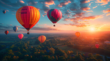 Fototapeta premium A vibrant display of numerous colorful hot air balloons soaring gracefully in a clear blue sky.