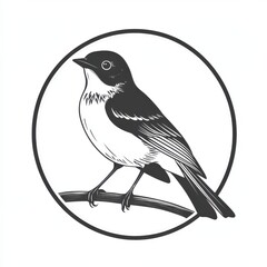 Obraz premium Black and white flat vector art illustration of a robin in a circular stamp logo style, svg design, isolated on white background, simple vector art design 