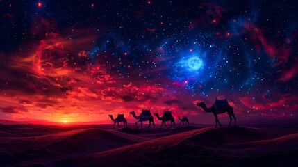 Fototapeta premium Silhouette of Camels in a Desert with a Colorful Night Sky