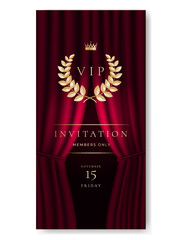 VIP invitation card, banner or flyer with golden elements and red curtain. Luxury premium design set for event invite, celebration party, formal reception.