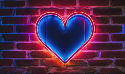 A blue neon heart with a red outline glows on a brick wall