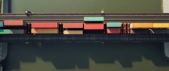 View from the air of a freight train crossing a thriving port canal