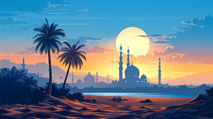 Obraz premium Sunset Over a City with Palm Trees and Sand Dunes