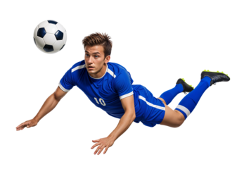 Pro soccer player doing a leap header jump on a ball, isolated background