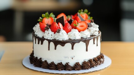 Delicious Chocolate and Strawberry Cake with Whipped Cream - A close-up of a delicious chocolate cake decorated with fresh strawberries, whipped cream, and chocolate drizzle. This image symbolizes cel