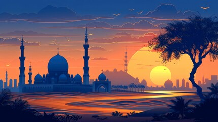 Fototapeta premium Silhouette of a Mosque at Sunset in the Desert