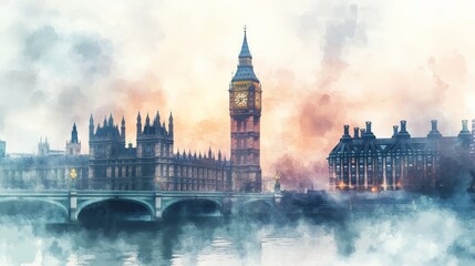 Watercolor painting of Big Ben and Westminster Palace shrouded in mist at dawn in London, showcasing iconic historic architecture.