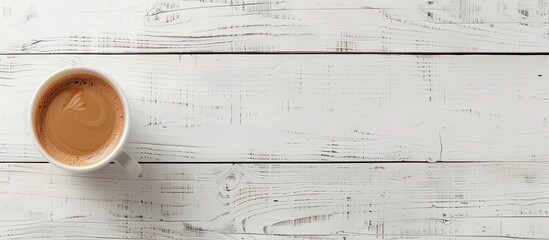 Cup of coffee on a white wooden surface Copy space on the wood
