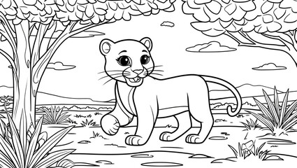 Obraz premium Playful, cute panther is portrayed walking amid trees and grasses in whimsical coloring book page design