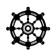 Obraz premium Black and white flat vector art illustration of a ship wheel in a circular stamp logo style, svg design, isolated on white background, simple vector art design