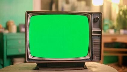 Retro vintage TV with green screen or chroma key background.