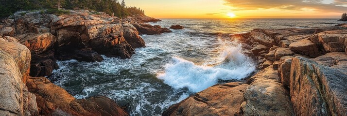 Dramatic Sunrise Over Rocky Coastline with Crashing Waves - A breathtaking panorama capturing the golden hues of sunrise over a rugged coastline, with waves crashing against the rocks and creating a s