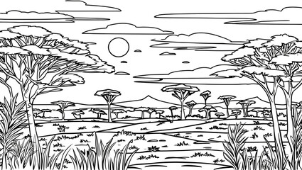 Obraz premium Savannah scene with unique trees and hills invites creativity in coloring book page
