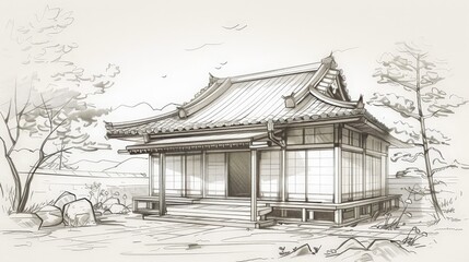 sketch of a traditional Japanese tea house, highlighting its simplicity, wooden structure, and harmonious design